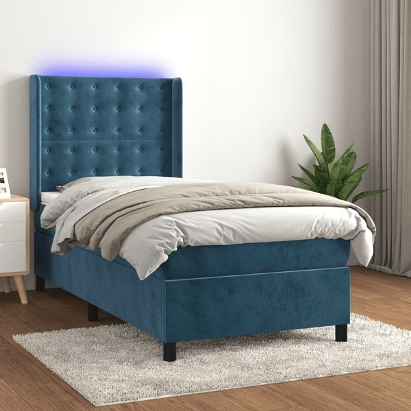 vidaXL Boxspringbett mit Matratze & LED Dunkelblau 90x190 cm Samt, 3139779