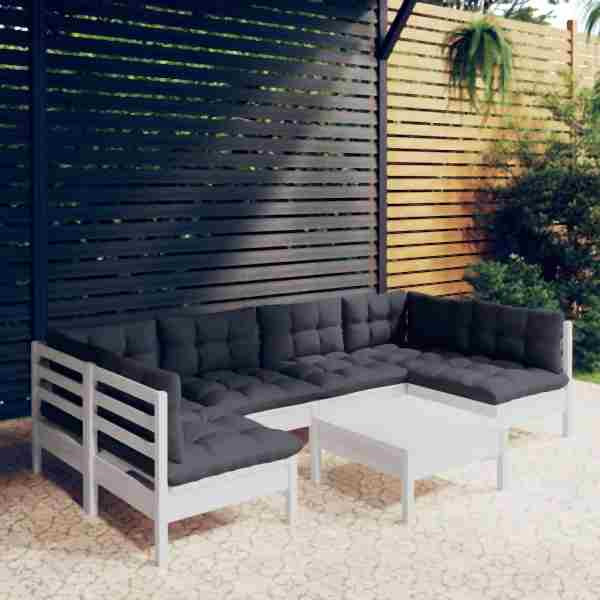 vidaXL 7-tlg. Garten-Lounge-Set mit Kissen Weiß Kiefer Massivholz, 3097158