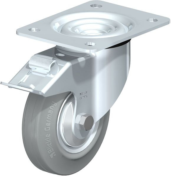 Blickle LK-RD 125R-3-FI-VLI-FA Stahlblech-Lenkrolle, schwere Ausführung, mit Anschraubplatte & Feststeller, Zweikomponenten-Vollgummi, Grau, 750462