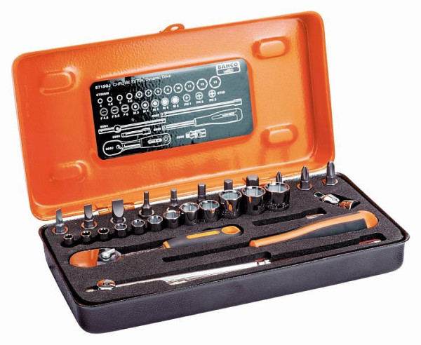 Bahco 1/4" Steckschlüssel-Satz mit Vierkantantrieb, Sechskantprofil, metrisch, Umschaltknarre und Schraubendreher-Bits, 6715GJ