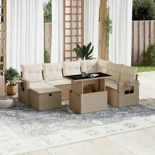 vidaXL 8-tlg. Garten-Sofagarnitur mit Kissen Beige Poly Rattan, UV-beständig, 3274998