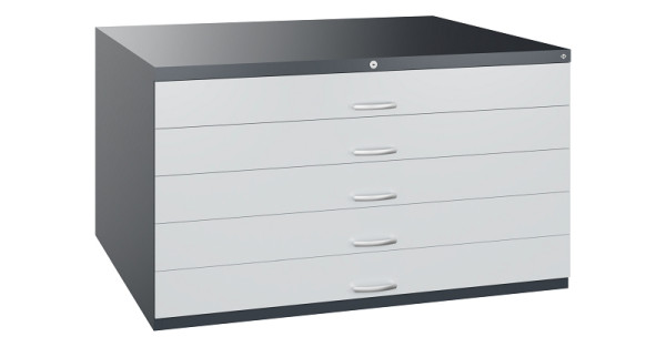 C+P Flachablageschrank Serie 7100_7200, H760xB1350xT960mm, 7016/7035, 5 Schubladenblenden doppelwandig, 7201-100 S10346