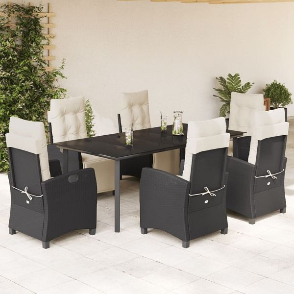 vidaXL 7-teilig Garten-Essgruppe mit Kissen Schwarz Poly Rattan, 3212958