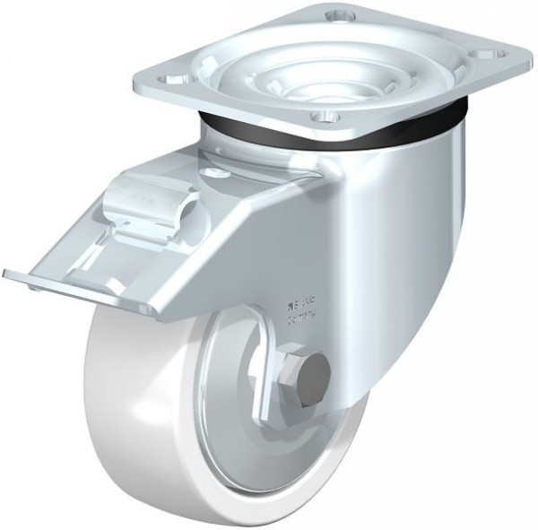 Blickle LK-SPO 100G-1-FI-FA Stahlblech-Lenkrolle, schwere Ausführung, mit Anschraubplatte & Feststeller, Polyamid, Weiß, 737068