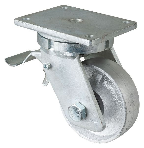 BS Rollen Schwerlastrolle mit Feststeller, Rad-Breite 45 mm, Rad-Ø 150 mm, Tragfähigkeit 600 kg, Lauffläche Guss, Radkörper Guss, Kugellager, RR120.C81.151