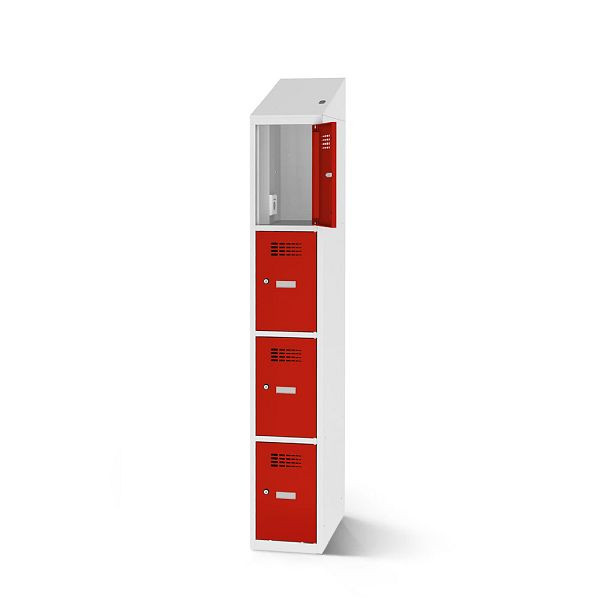 Rotstahl Fächerschrank, 4 Fächer, kurzer Sockel, mit Ladefunktion, Schrägdach, Korpus: lichtgrau, Türen: verkehrsrot, 2180-010400-0401112-7035-3020