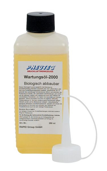 Pneutec Wartungsöl 2000 Vollsynthetischer, biologisch abbaubarer Druckluftschmierstoff für alle Druckluftrotoren, 250 ml-Gebinde, 95 227