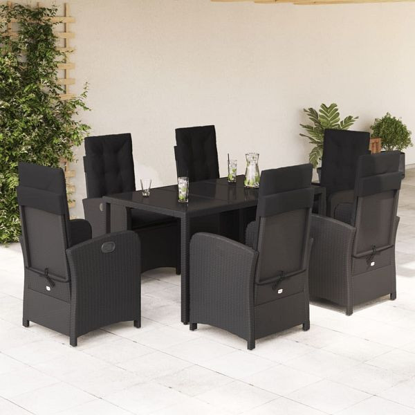 vidaXL 7-teilig Garten-Essgruppe mit Kissen Schwarz Poly Rattan, 3212207