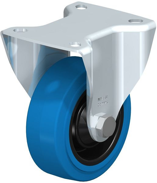 Blickle BK-POEV 100KD-1-SB Stahlblech-Bockrolle, schwere Ausführung, mit Anschraubplatte, Elastik-Vollgummi, Blau, 851387