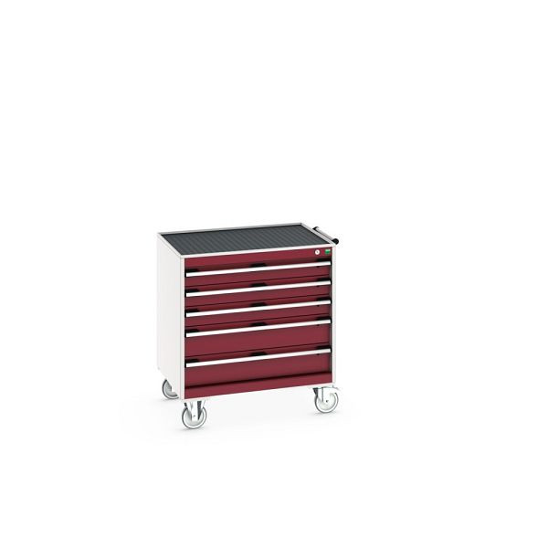 bott cubio Schubladenschrank mobil bestückt, mit 5 Schubladen, BxTxH: 800x650x885mm, RAL 7035/3004, Purpurrot, 40402057.24V