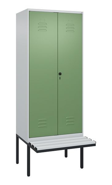 C+P Umkleidespind Classic PLUS SW, 2 Abteile, 2120x800x815mm, 7035/6011, Drehriegel, Untergestell & Sitzfläche, 0800427-22 S10036