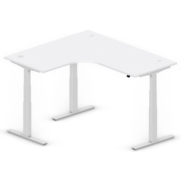 Deskin XXL Sitz-/ Stehschreibtisch Jumbo MULTI M, Dekor lichtgrau, T-Fuß-Stahlgestell in Alusilber RAL 9006, linksseitig geformt, 295096