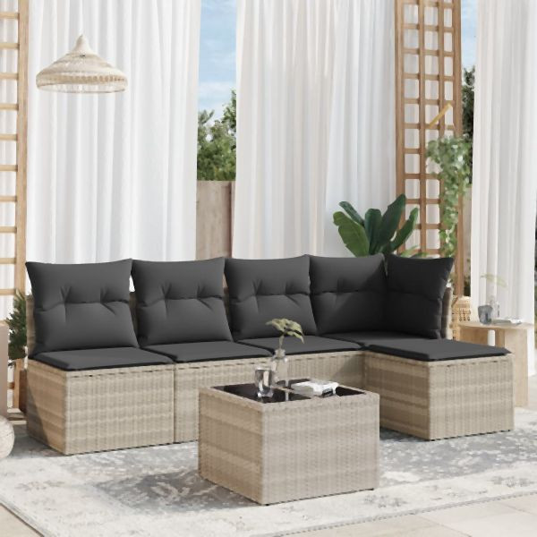 vidaXL 6-tlg. Garten-Sofagarnitur mit Kissen Hellgrau Poly Rattan, 3217532