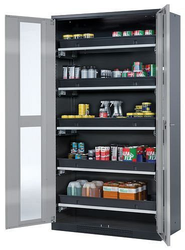 asecos Chemikalienschrank Systema-T CS-105G, Korpus anthrazit, Flügeltüren silber, 5 Tablarauszüge, 208988