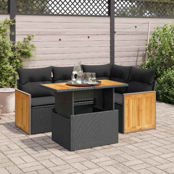 vidaXL 5tlg. Garten-Sofagarnitur mit Kissen Schwarz Poly Rattan Akazie, 3327702