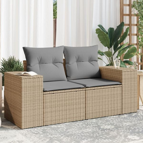 vidaXL Gartensofa mit Kissen 2-Sitzer Beige Poly Rattan, 366108