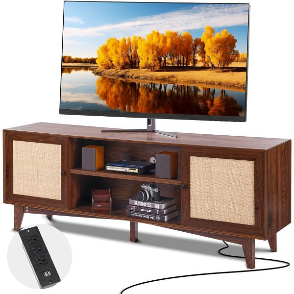 VEVOR Rattan-TV-Ständer 191cm Fernseher Boho-TV-Schrank Fernsehschrank Walnuss, TBDSJ66INCHE0TAMJV2