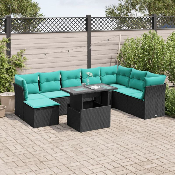 vidaXL 9-teiliges Gartensofa-Set mit Kissen, schwarzes Polyrattan, 3266787