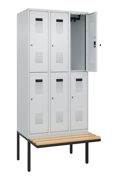 C+P Doppelstock-Spind Evolo PLUS, Bank, 6 Fächer, 2120x900x815mm, 7035/7035, Zylinderschloss, Sitzfläche Buche-Hartholz, 0493407-30 S10040
