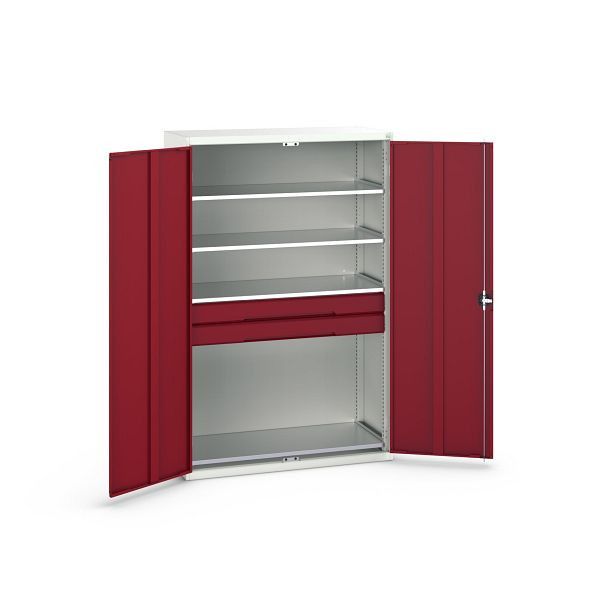bott verso Flügeltürschrank mit Schubladen, mit 4 Fachböden und 2 Schubladen, BxTxH: 1300 x 550 x 2000 mm, Lichtgrau / Purpurrot, 16926654.24